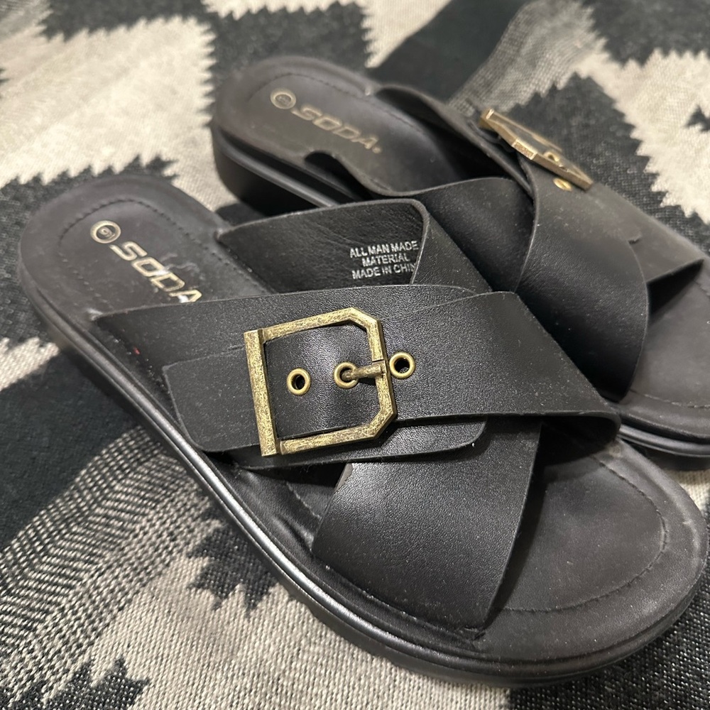 Soda Black Sandals with Gold Accent